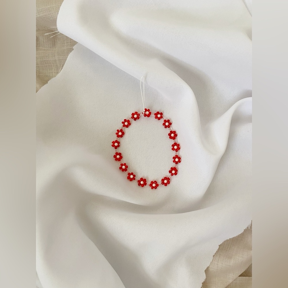 Red Cute Flower Beaded Phone Charms W/strap